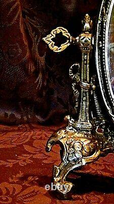 Victorian Italian Ornate Silver Plated Tilt Swival Vanity Table Mirror