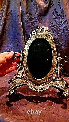 Victorian Italian Ornate Silver Plated Tilt Swival Vanity Table Mirror