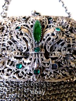 Victorian Jewelled Purse Silver Plated Filigree Fleur de Lys Design