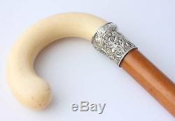 Victorian Malacca Walking Stick Cane. Silver Plated Collar. Crook Handle