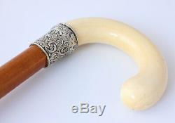 Victorian Malacca Walking Stick Cane. Silver Plated Collar. Crook Handle