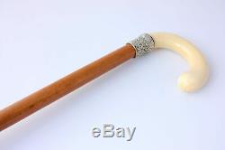 Victorian Malacca Walking Stick Cane. Silver Plated Collar. Crook Handle