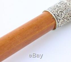 Victorian Malacca Walking Stick Cane. Silver Plated Collar. Crook Handle