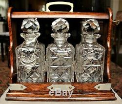 Victorian Oak 3 Cut Crystal Decanter Tantalus Mounted with Silver-plate c. 1880