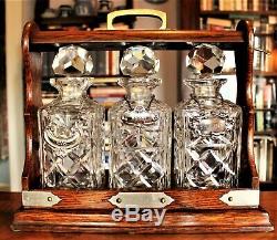 Victorian Oak 3 Cut Crystal Decanter Tantalus Mounted with Silver-plate c. 1880