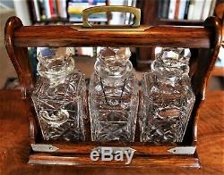 Victorian Oak 3 Cut Crystal Decanter Tantalus Mounted with Silver-plate c. 1880