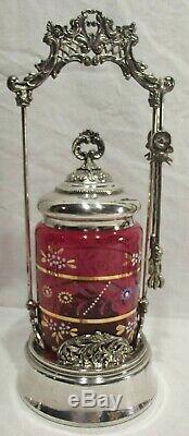 Victorian Pickle Castor Eagle Silver Plate Co. Cranberry Glass H. P. Enamel