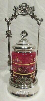 Victorian Pickle Castor Eagle Silver Plate Co. Cranberry Glass H. P. Enamel