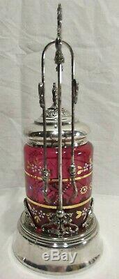 Victorian Pickle Castor Eagle Silver Plate Co. Cranberry Glass H. P. Enamel