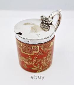 Victorian ROYAL WORCESTER PORCELAIN & SILVER PLATE CHINOISERIE MUSTARD POT c1882