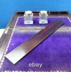 Victorian Rosewood & Silver Plated Writing Slope with Two Inkwells, Unusual Rule