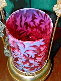 Victorian Silver Plated Cranberry And Floral Design Pickle Jar With Tongs