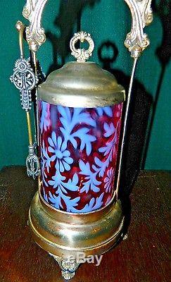 Victorian Silver Plated Cranberry And Floral Design Pickle Jar With Tongs
