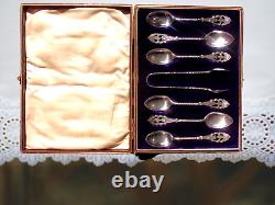 Victorian Silverplate Teaspoons & Sugar Tong Set Art Nouveau Ornate Teaset Box