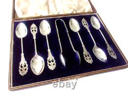 Victorian Silverplate Teaspoons & Sugar Tong Set Art Nouveau Ornate Teaset Box