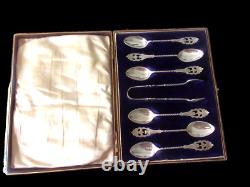 Victorian Silverplate Teaspoons & Sugar Tong Set Art Nouveau Ornate Teaset Box