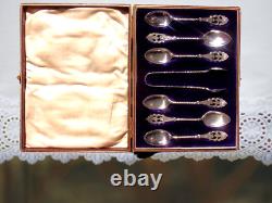 Victorian Silverplate Teaspoons & Sugar Tong Set Art Nouveau Ornate Teaset Box