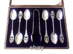 Victorian Silverplate Teaspoons & Sugar Tong Set Art Nouveau Ornate Teaset Box