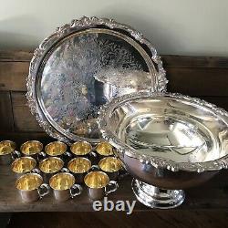 Vintage 16 X 10 Sheridan Silver Plate Punch Bowl 19 Tray 12 Cups Original Box