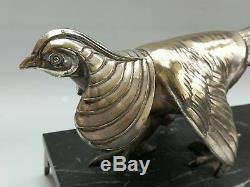 Vintage 1930s French Art Deco Silver Plate Bronze Pheasant Bird on Marble Base