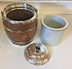 Vintage 1970's Valenti Barrel Ice Bucket With Insert Silver Plated Wood Spain WOW