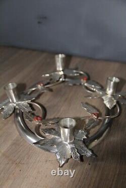 Vintage 20th silver plate xmas wreath table centerpiece candle holder