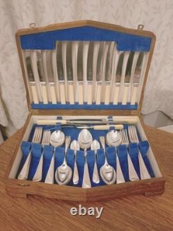 Vintage 47 Pc Silver Plate Faux Bone CUTLERY CANTEEN Made in Sheffield 1950s