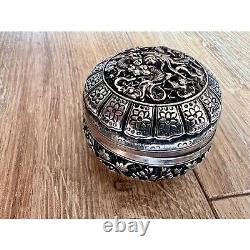 Vintage 90% Silver-Plated Trinket Box Dragon & Floral Motif Asian Antique