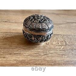 Vintage 90% Silver-Plated Trinket Box Dragon & Floral Motif Asian Antique