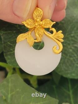 Vintage 999 Silver GOLD PLATE SNOW WHITE JADE FLOWER/ LEAF MOTIF PENDANT