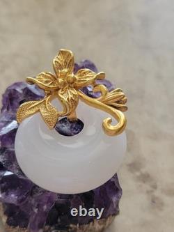 Vintage 999 Silver GOLD PLATE SNOW WHITE JADE FLOWER/ LEAF MOTIF PENDANT