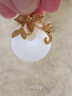 Vintage 999 Silver GOLD PLATE SNOW WHITE JADE FLOWER/ LEAF MOTIF PENDANT