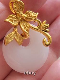 Vintage 999 Silver GOLD PLATE SNOW WHITE JADE FLOWER/ LEAF MOTIF PENDANT