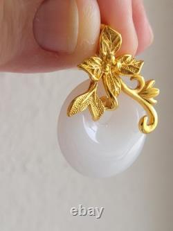 Vintage 999 Silver GOLD PLATE SNOW WHITE JADE FLOWER/ LEAF MOTIF PENDANT