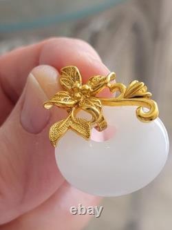 Vintage 999 Silver GOLD PLATE SNOW WHITE JADE FLOWER/ LEAF MOTIF PENDANT