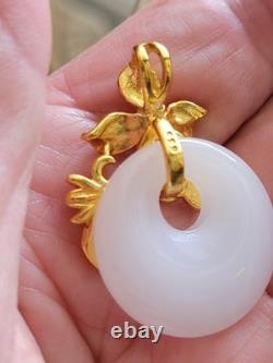 Vintage 999 Silver GOLD PLATE SNOW WHITE JADE FLOWER/ LEAF MOTIF PENDANT