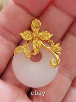 Vintage 999 Silver GOLD PLATE SNOW WHITE JADE FLOWER/ LEAF MOTIF PENDANT
