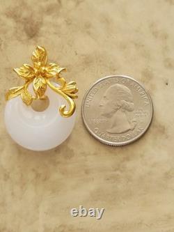 Vintage 999 Silver GOLD PLATE SNOW WHITE JADE FLOWER/ LEAF MOTIF PENDANT