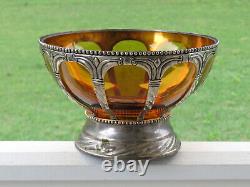 Vintage AMBER Glass SILVER Plated Art Nouveau Style Pedestal Bowl EXCELLENT COND