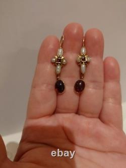 Vintage Amethyst, Garnet And Pearl 24ct Gold Plated Silver Drop Earrings
