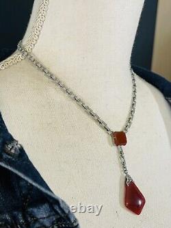 Vintage Antique Art Deco Carnelian & Silver Rhodium Filigree Lavalier Necklace