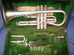 Vintage Antique C. G Conn Cornet Silver Plated Original W Case & Extras