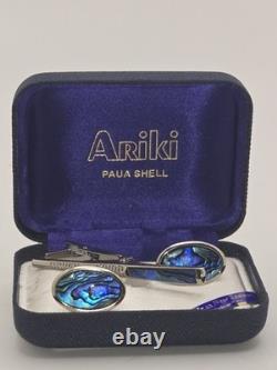 Vintage Ariki Palladium Plate Paua Shell Cufflinks And Tie Clip In Original Box
