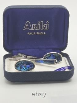 Vintage Ariki Palladium Plate Paua Shell Cufflinks And Tie Clip In Original Box