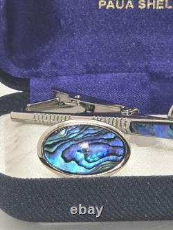 Vintage Ariki Palladium Plate Paua Shell Cufflinks And Tie Clip In Original Box