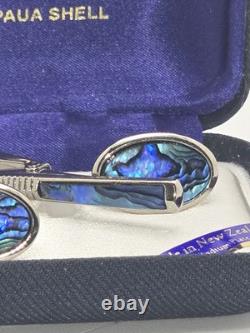 Vintage Ariki Palladium Plate Paua Shell Cufflinks And Tie Clip In Original Box