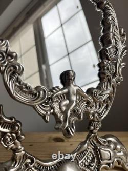 Vintage Baroque Rococo Silver Plated Cherub Vanity Tilting Mirror 32cm x 22cm