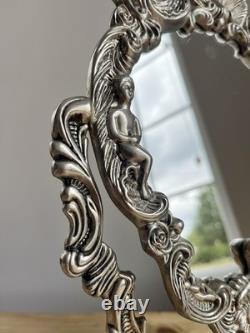 Vintage Baroque Rococo Silver Plated Cherub Vanity Tilting Mirror 32cm x 22cm