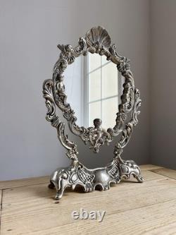 Vintage Baroque Rococo Silver Plated Cherub Vanity Tilting Mirror 32cm x 22cm