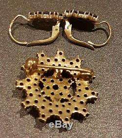 Vintage Bohemian Garnet Cluster Earrings & Brooch Czech Gold Plated Silver 1950s